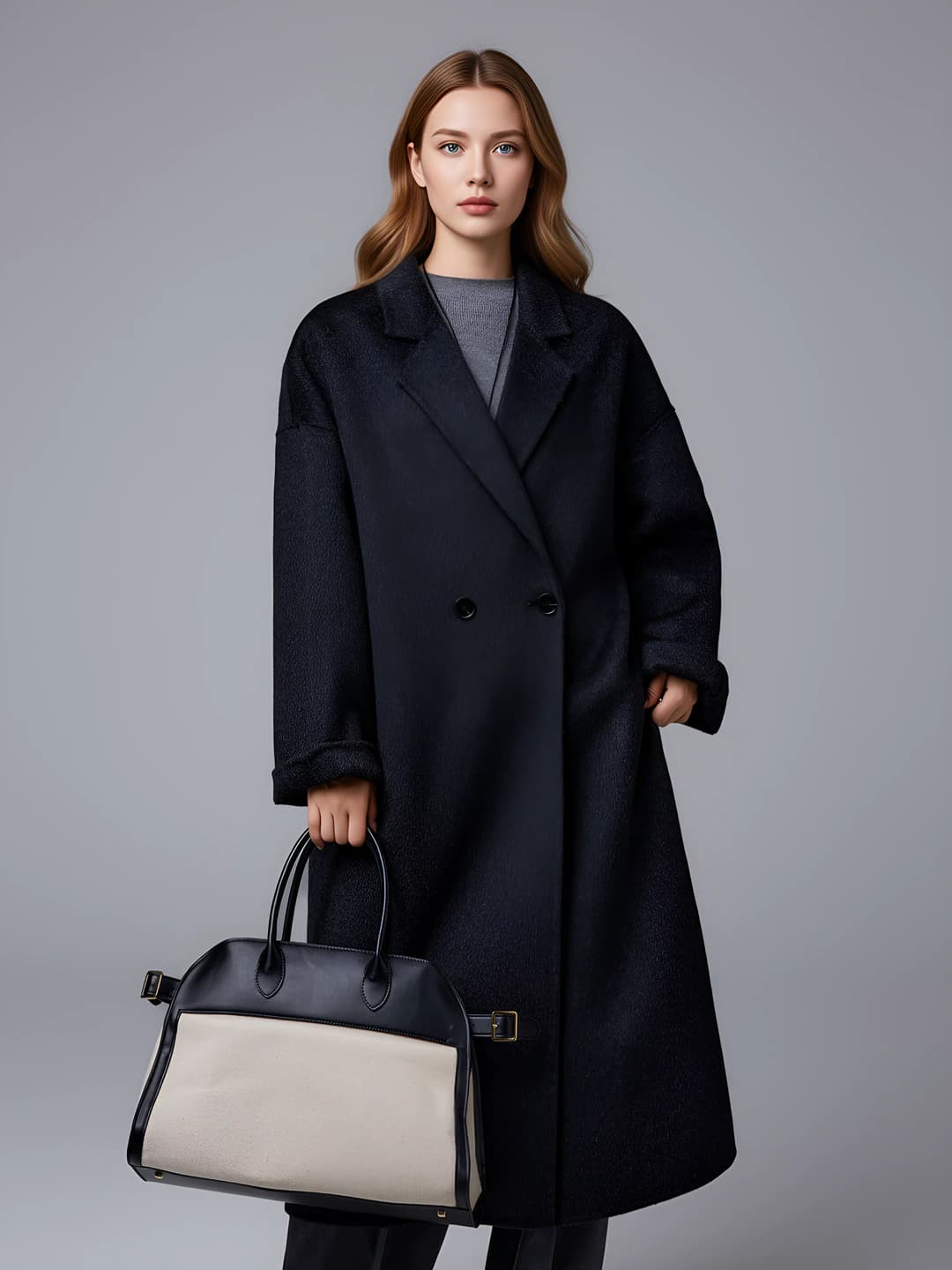 Women's wool and yak hair coat, long, loose fit, blazer collar, long sleeve, solid colour, double-breasted, autumn