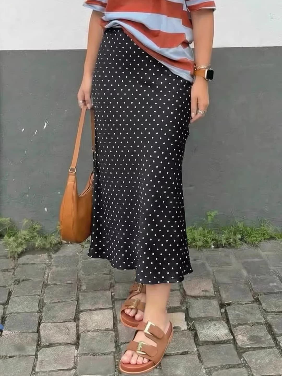 Ayollar uchun A-shakl polka-dot uzun yubka, baland bel, nozik ko'rsatadigan, elastik, kundalik