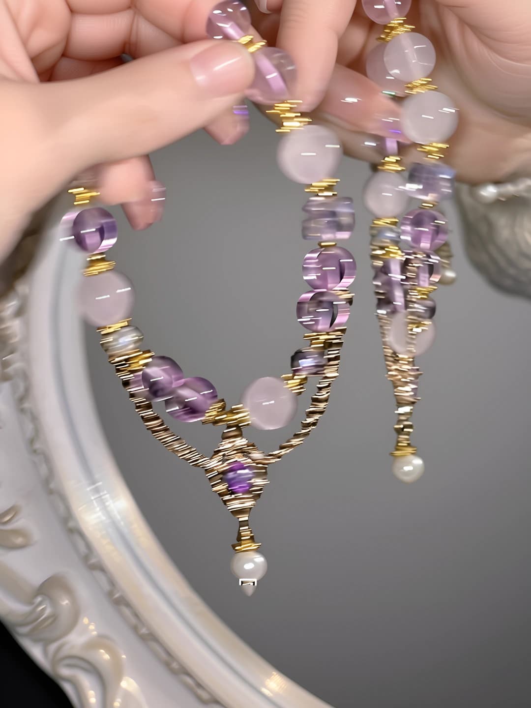 Women's purple glass tassel bracelet with chain and retro design in Korean style