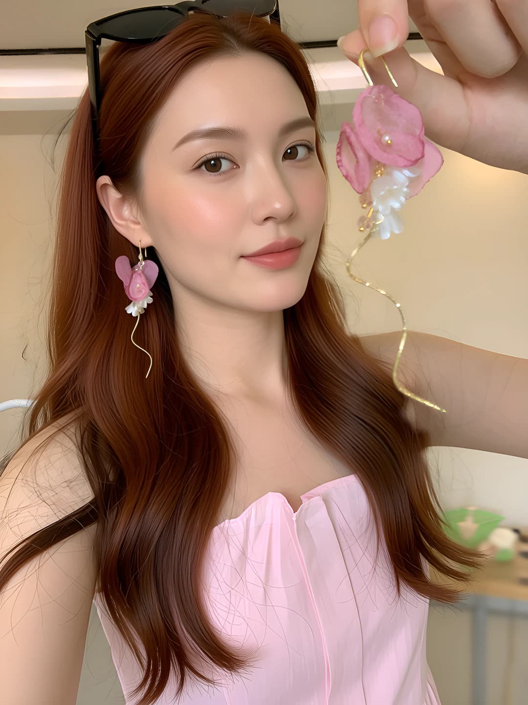 Women's pink floral French style tassel earrings, summer vacation style accessories