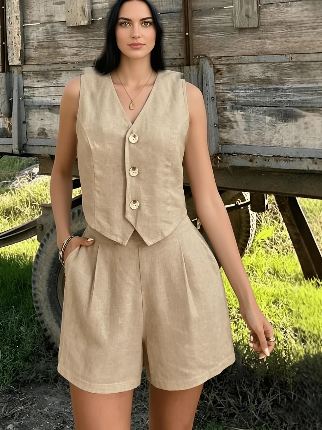 Women's solid colour summer and autumn sleeveless vest and short shorts set, V-neck, buttons, casual, European style