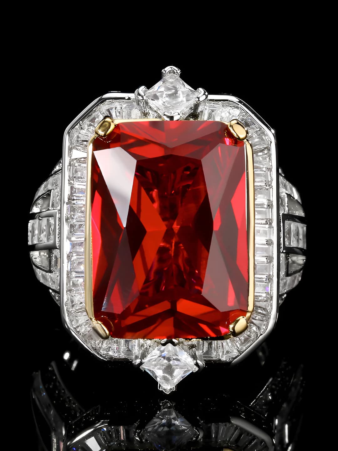 2026 women's retro square ring with synthetic sapphire, gold-plated copper base, 13*18