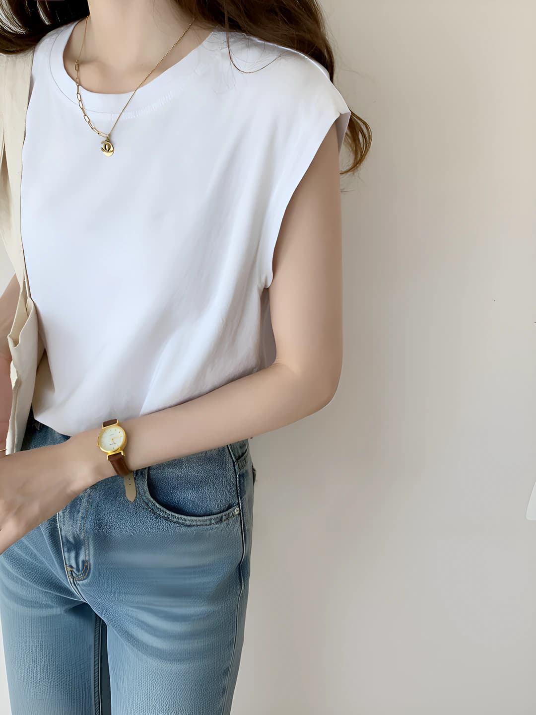 Women's summer sleeveless tank top, crew neck, loose fit, solid colour, 90%–95% polyester
