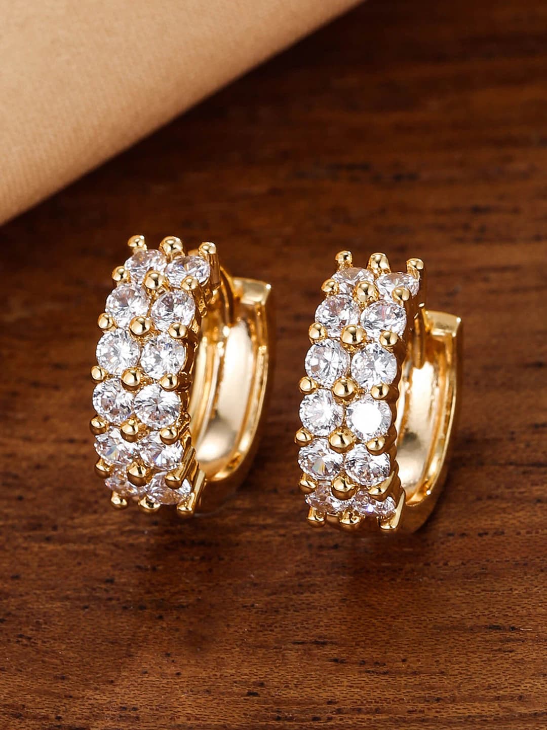 Women's retro hoop earrings with full diamond setting, brass, gold plated