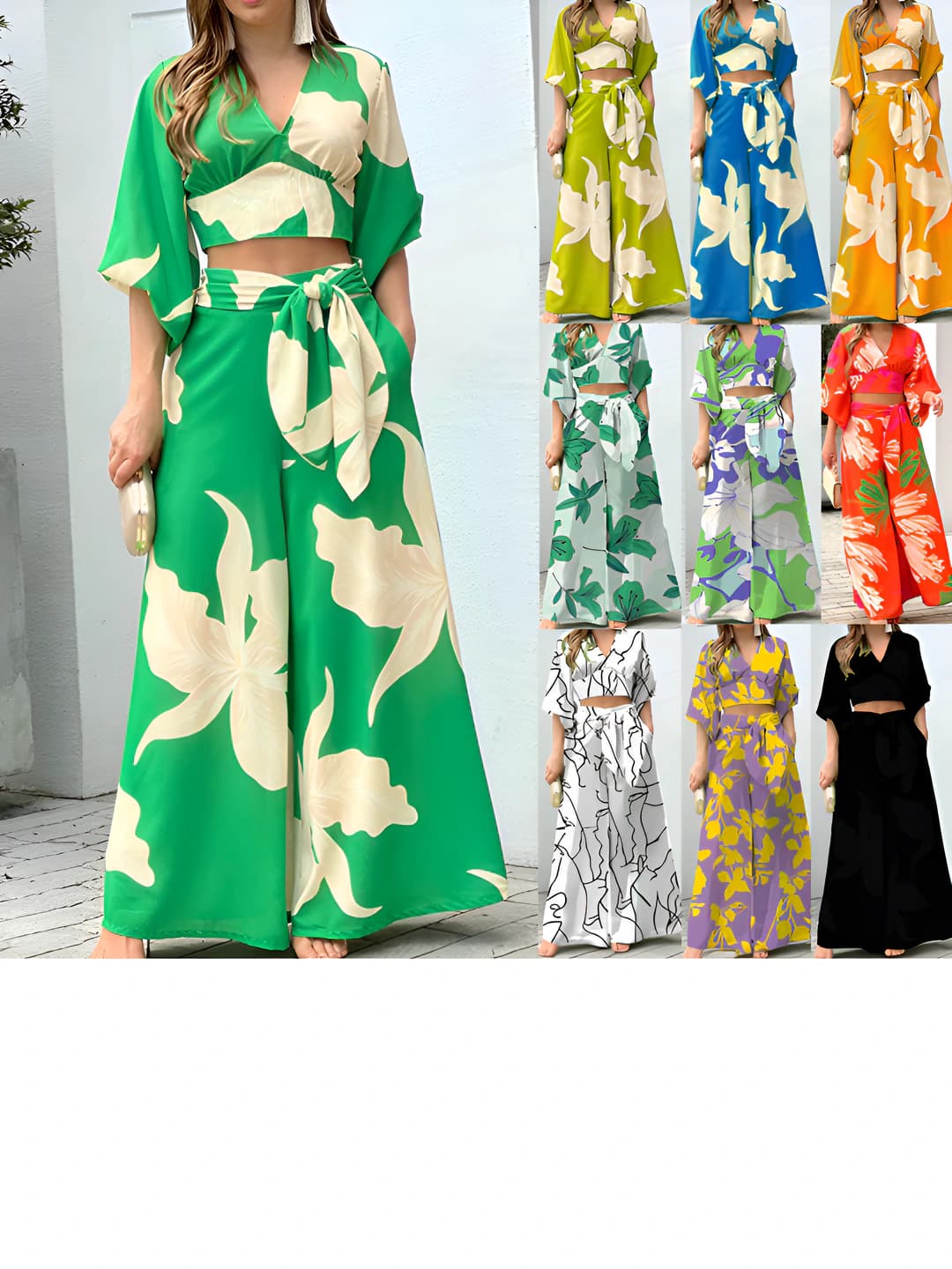 Women's printed casual set: V-neck, elbow-length sleeve, cropped top and high waist wide-leg trousers