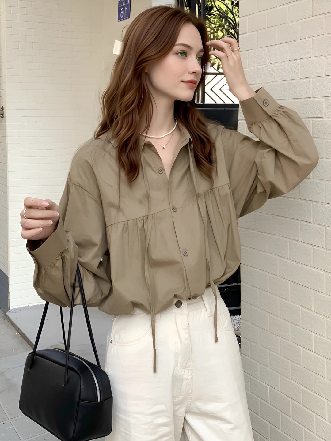 Women's long-sleeve blouse for spring 2026, retro, V-neck, slim fit, princess sleeve, sweet style