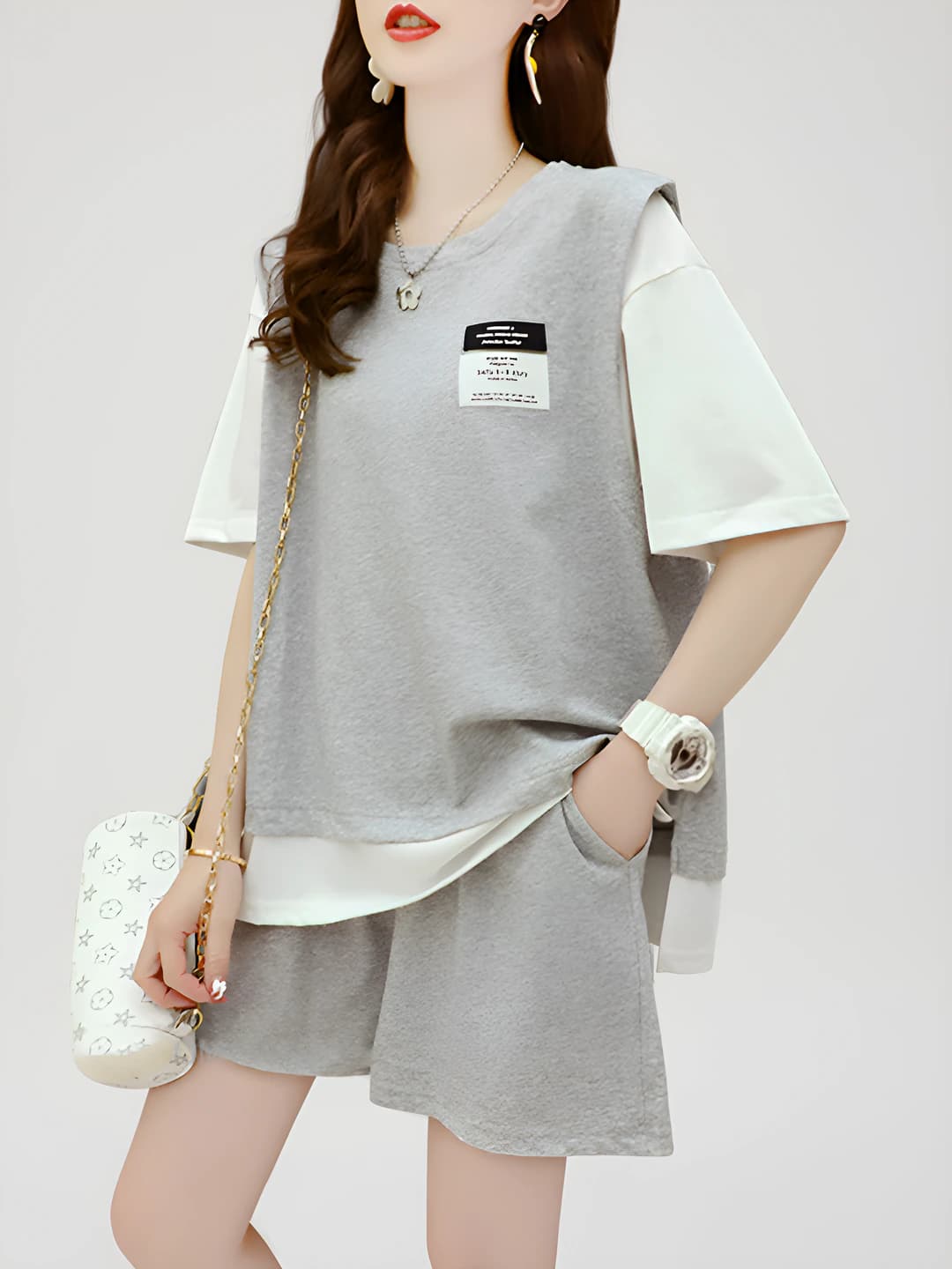 Women's summer t-shirt and shorts set: geometric pattern, color-block, loose fit, casual tracksuit