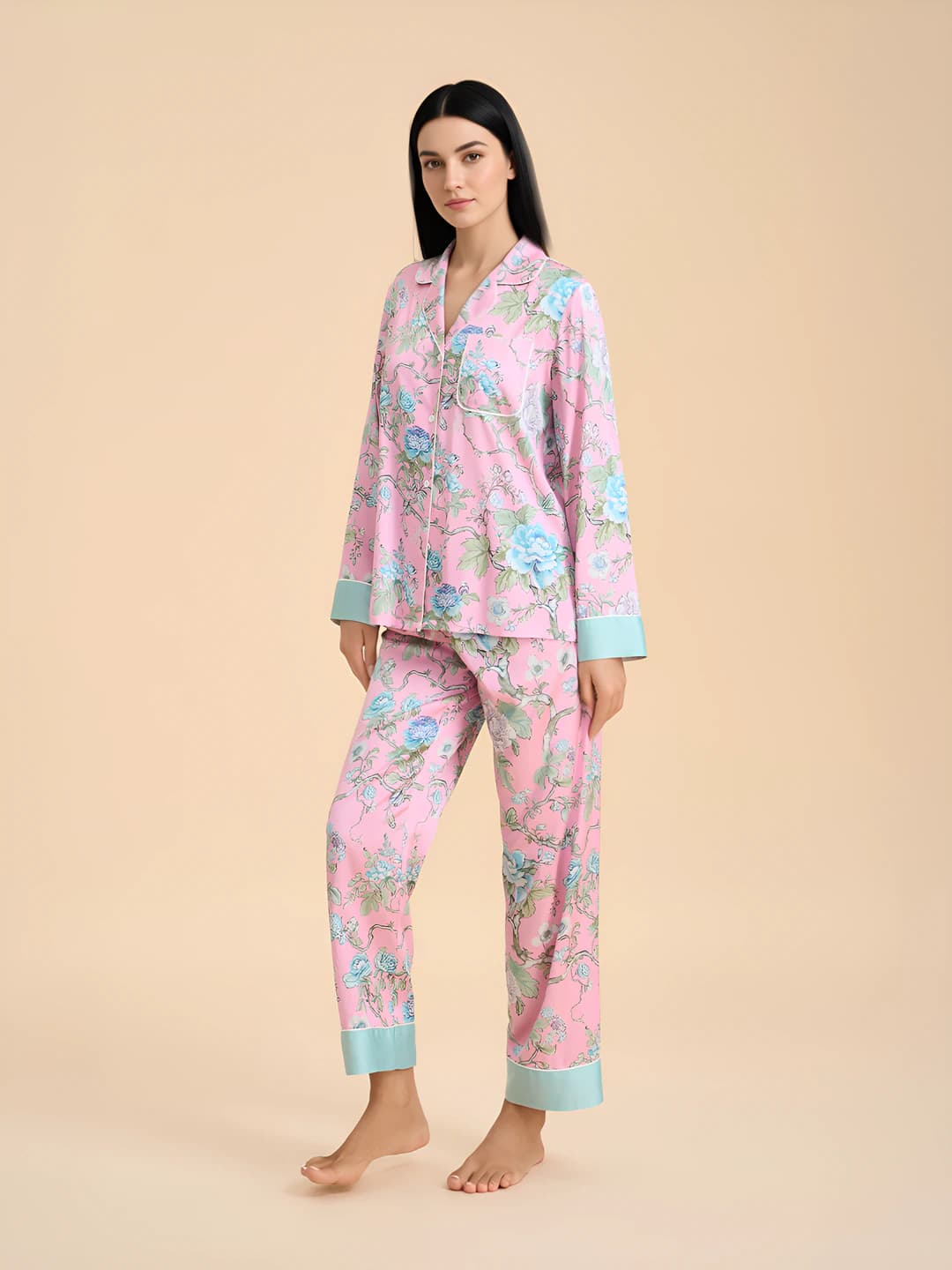 Women's floral long-sleeve pajama set, lapel collar, thin, casual, spring-autumn