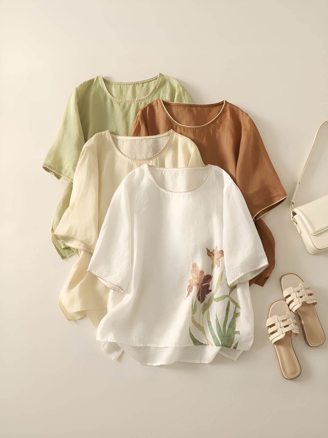 Women's 2026 summer new model, cotton-linen blend, printed, crew neck, short sleeve, loose fit, plus size t-shirt