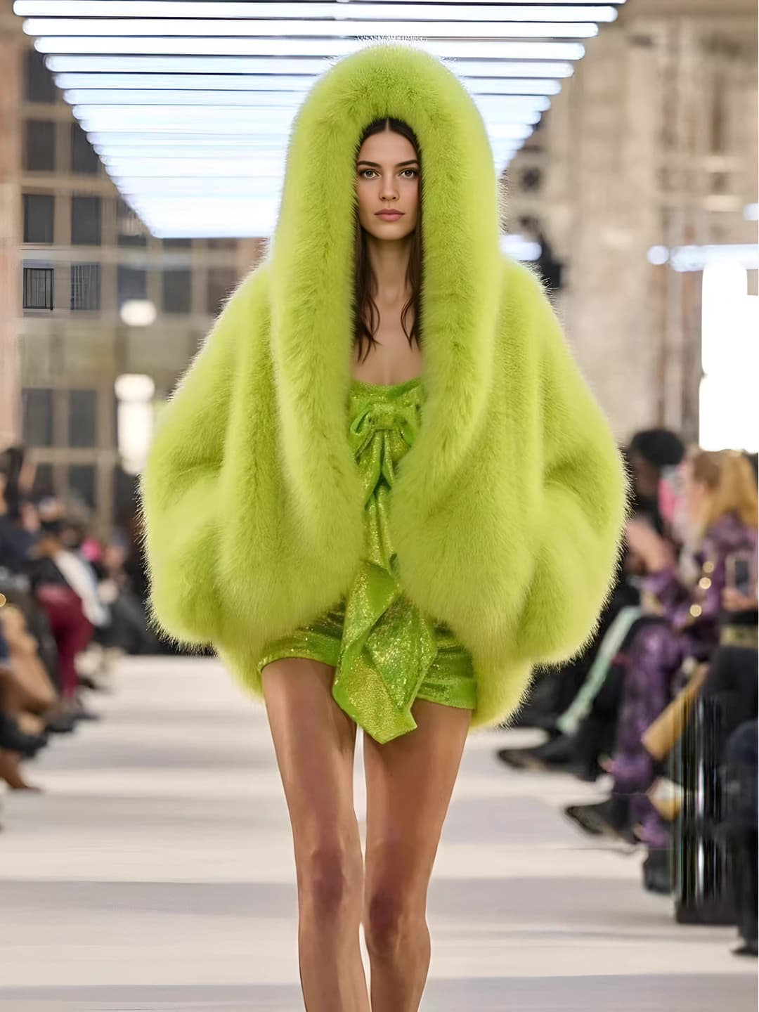 Women's faux fur hooded coat, long sleeve, puff sleeve, street style, warm outerwear autumn-winter 2026
