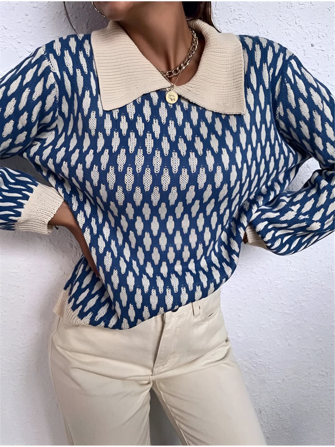 Women's autumn-winter sweater: polo collar, long sleeve, loose fit, thick, diamond pattern, contrast color, sleeve type: lantern