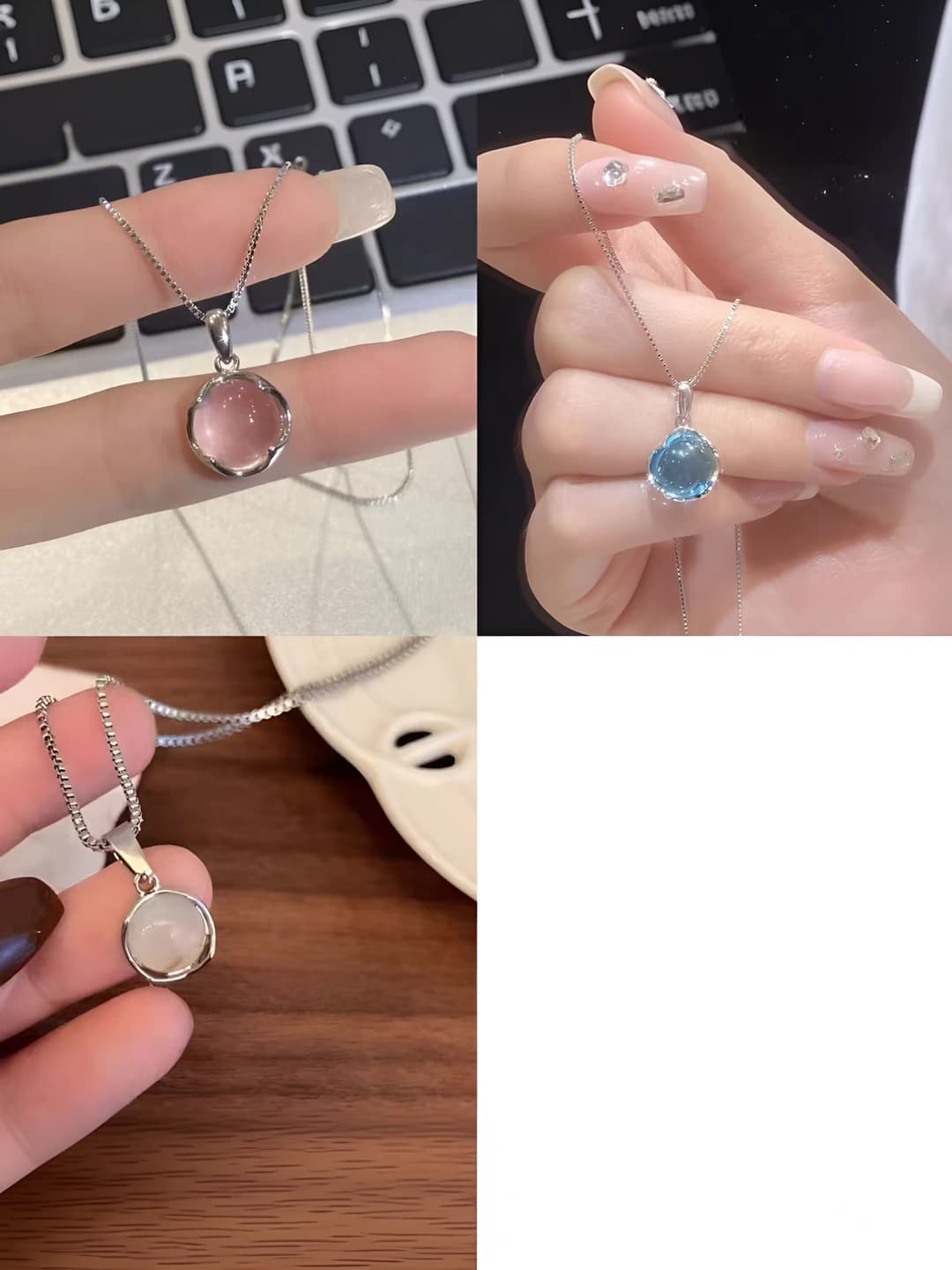Women's white moonlight round two-sided blue ins style collarbone chain necklace