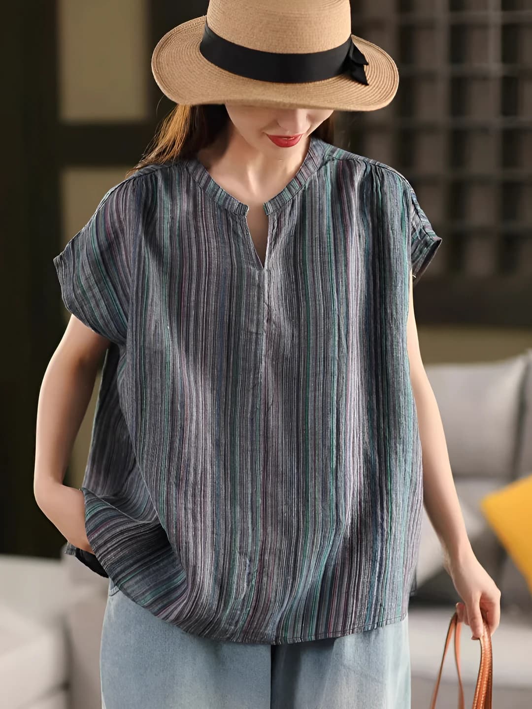 Women's retro short-sleeve blouse with stand collar, striped/checked pattern, loose fit, for summer