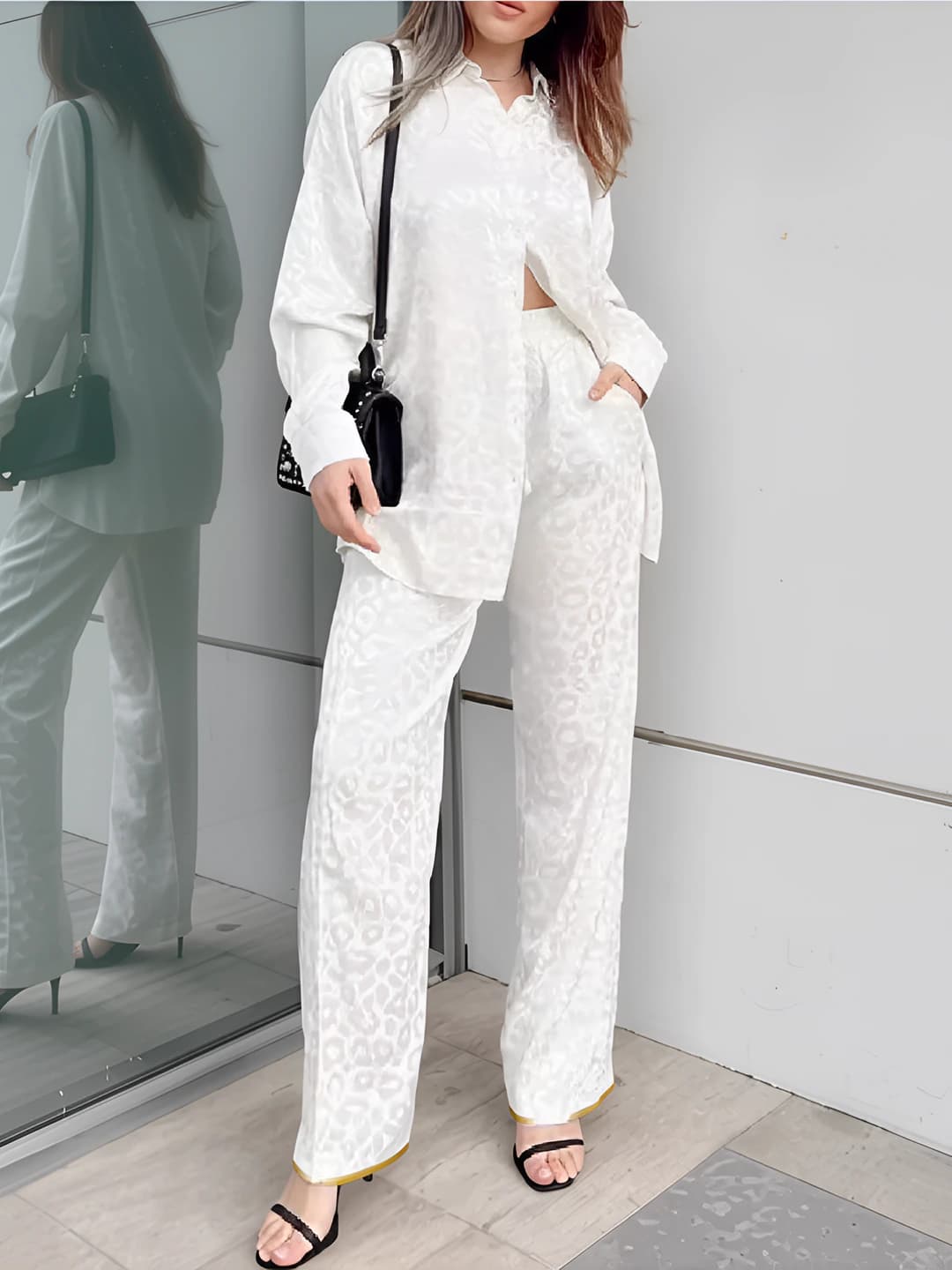 Women's 2026 spring casual loose fit long sleeve blouse and trousers set, apricot and blue