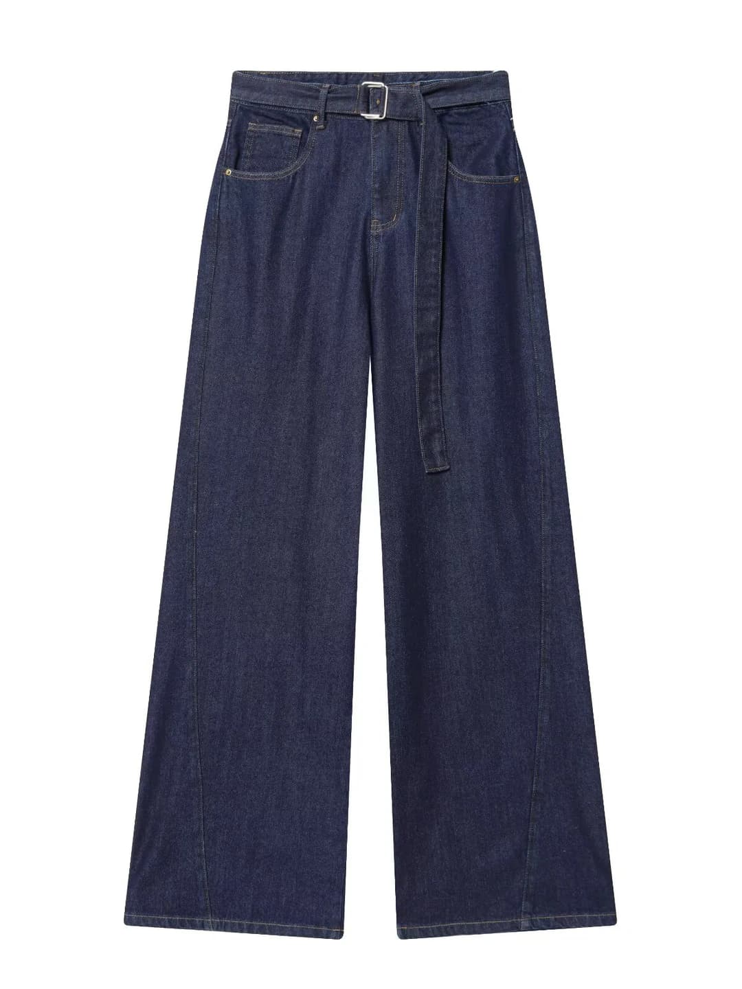 Women's high waist wide and flared jeans, straight cut, trousers, with belt