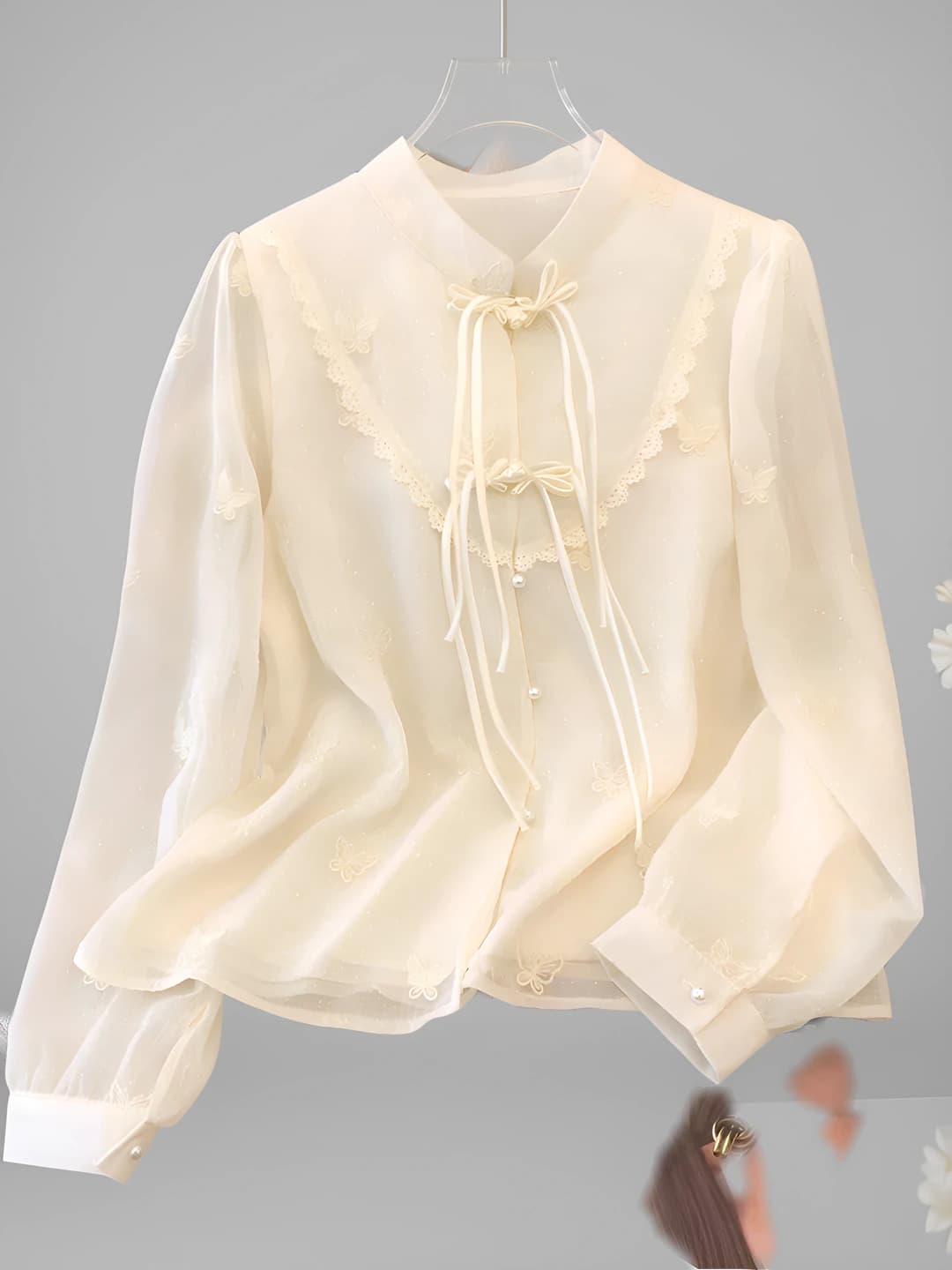 Women's embroidered stand collar long sleeve loose fit chiffon blouse, spring-summer 2026
