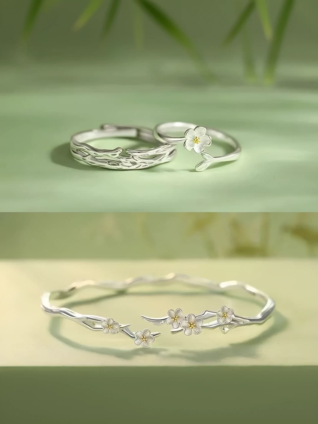 Adjustable open ring pair for couples, alloy, floral design