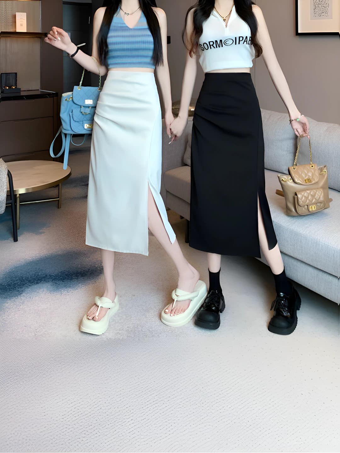 Women's high waist mid-length solid colour stretch skirt with slit, 2026