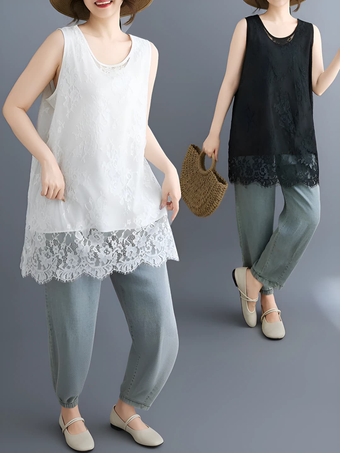 Women's 2026 plus size loose fit slimming lace sleeveless top
