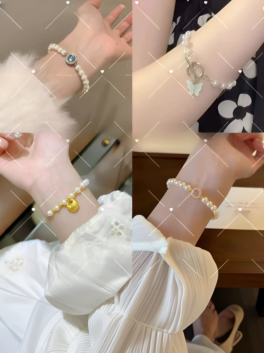 Women's set of 4 mermaid style bracelets with ocean blue pearls, Korean style