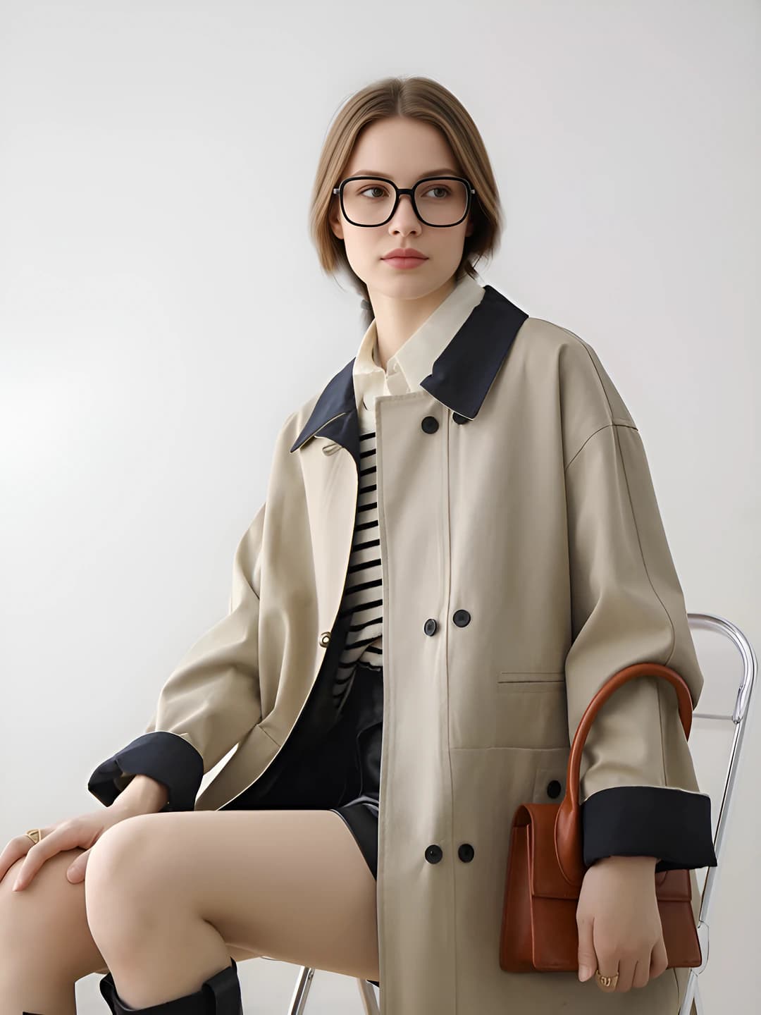 Women's short trench coat in Korean style for spring-autumn, down-alternative fill, loose fit, lapel collar, long sleeve, solid colour, thick