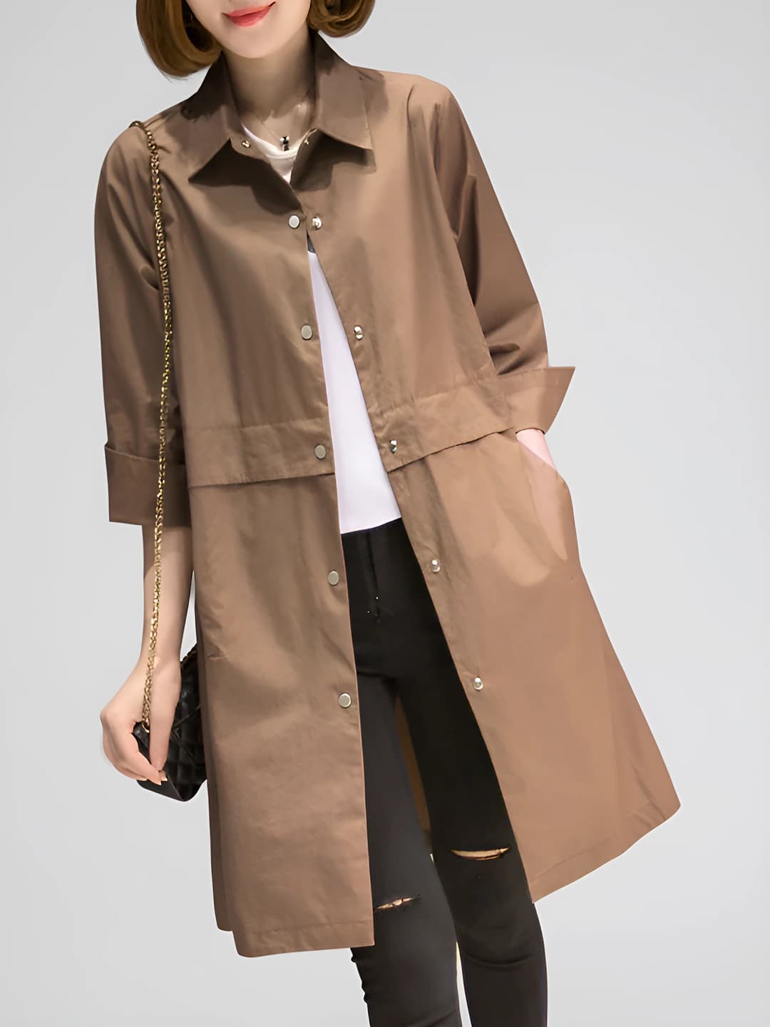 Women's casual mid-length trench coat, autumn, 2026, loose fit, solid colour, petite