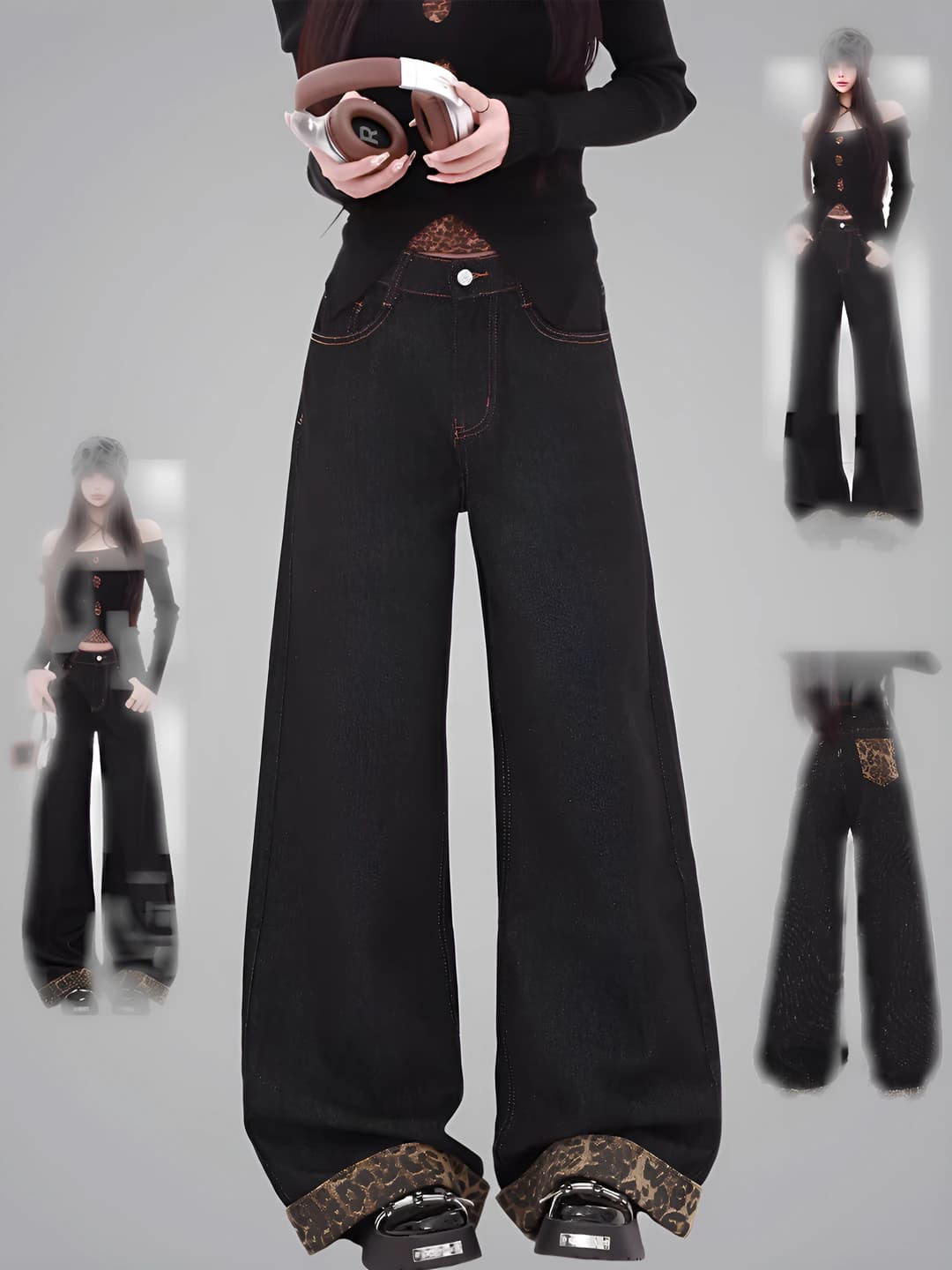 Women's wide and flared jeans in retro style, black, leopard print, high waist, slimming, loose fit