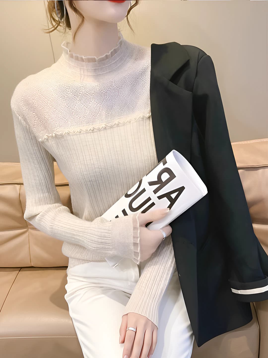 Ayollar uchun yarim baland yoqali dantelli qalinlashtirilgan trikotaj sviter, issiq saqlaydigan uzun yengli pullover, 2026 bahor-kuz uchun