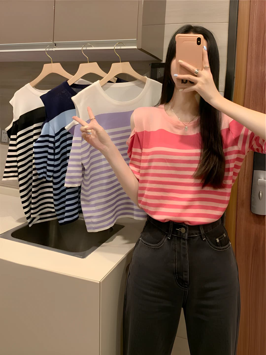 Women's striped short-sleeve t-shirt, summer, slimming, slim fit, crew neck, printed, 2026