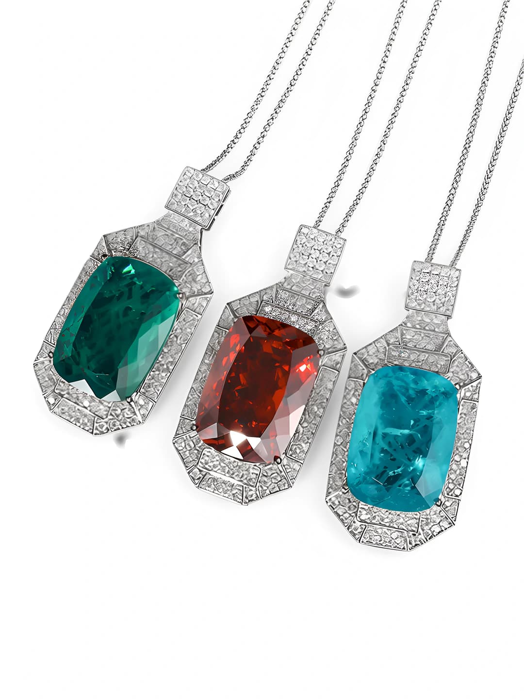 Women's 2026 gold-plated brass pendant necklace with simulated emerald and rhinestone inlay, light luxury style, geometric shape