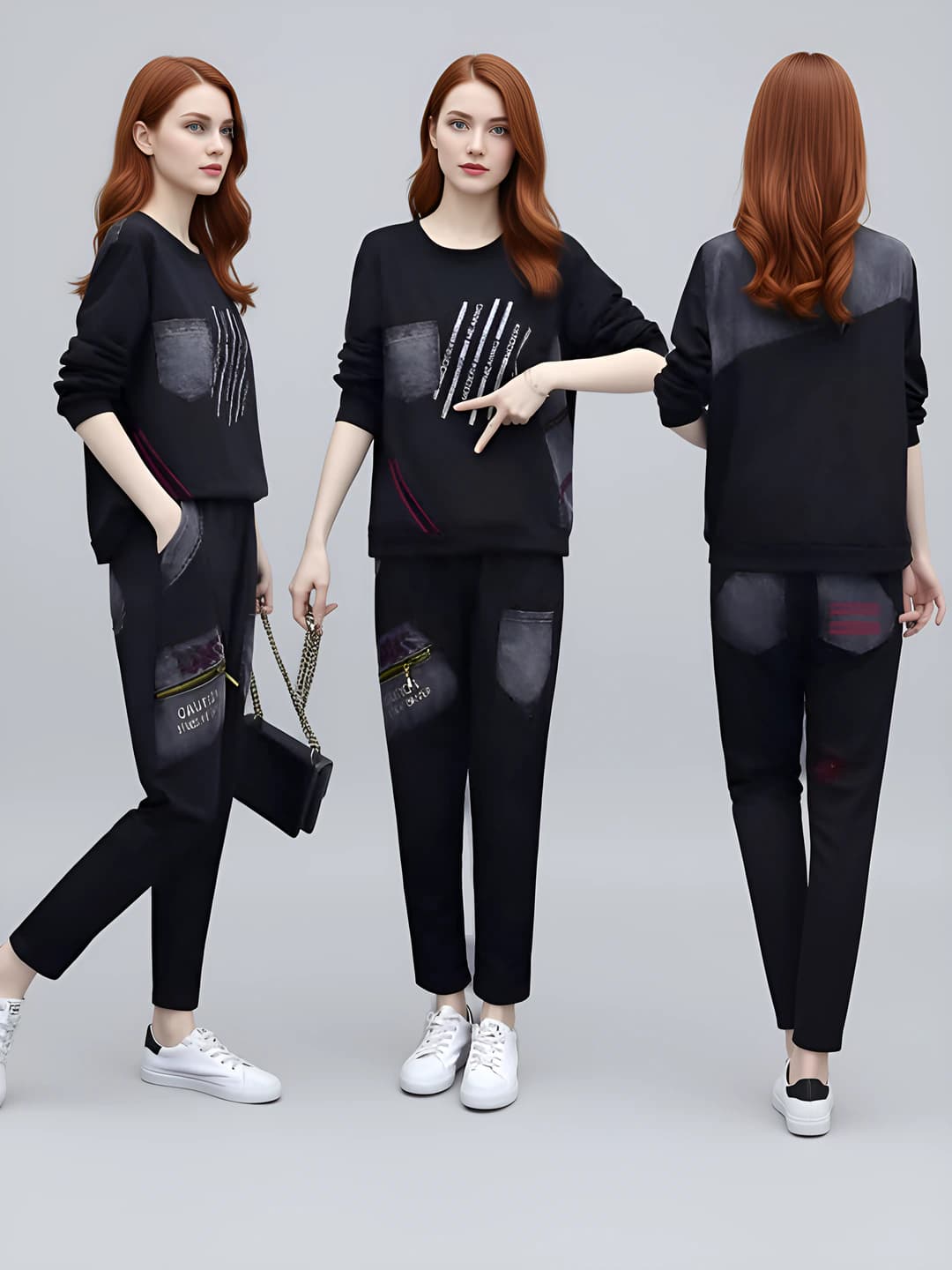 Women's autumn-winter printed fleece-lined thickened plus size loose fit casual sports set (long sleeve top + trousers)