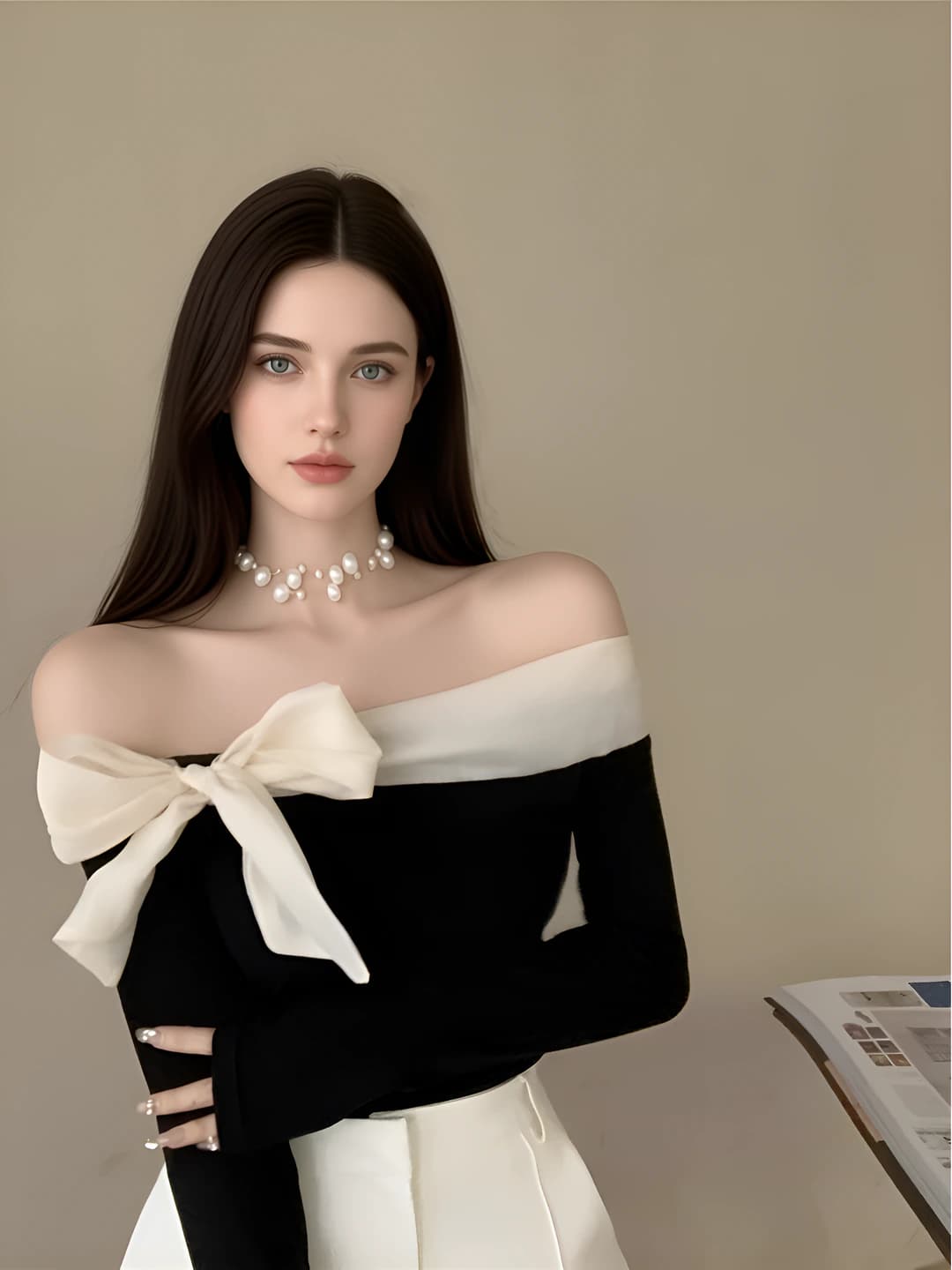 Women's off-shoulder long-sleeve top, slim fit, cropped, autumn, bow pattern, contrast color splicing