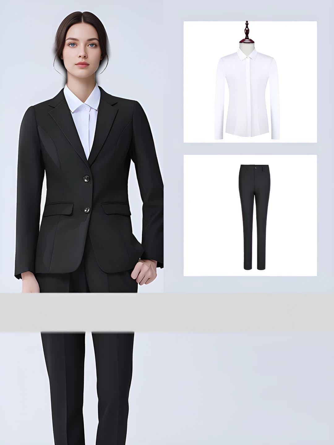 Black suit + women's trousers + shirt