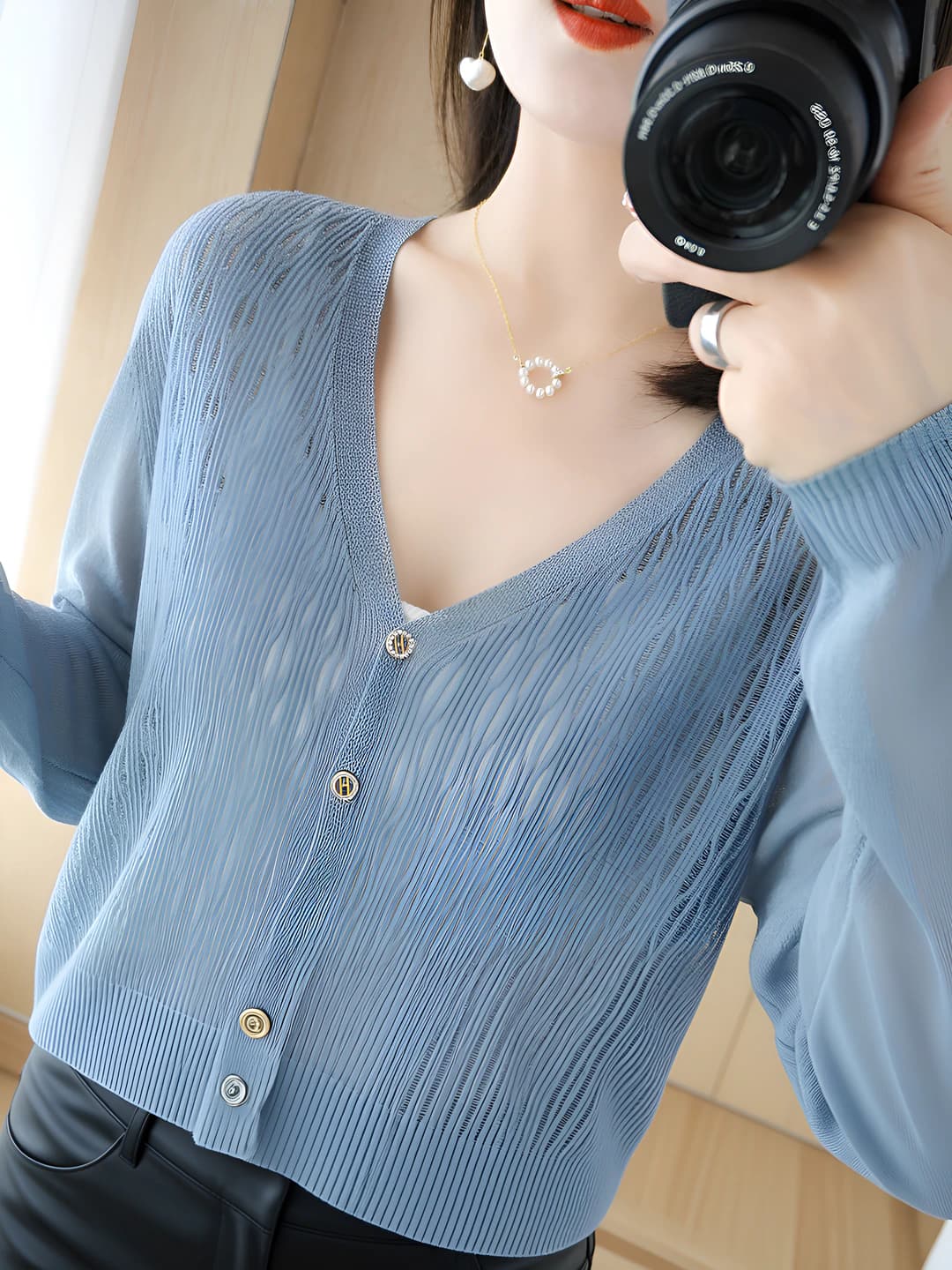 Women's summer thin V-neck knit top in ice-silk fabric, sun-protective outerwear, long sleeve, casual style