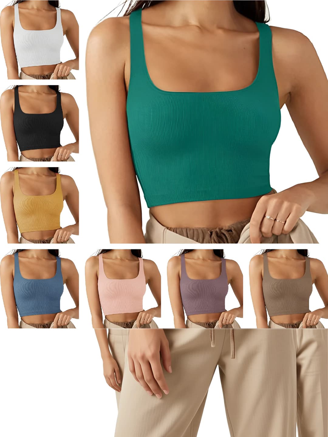 Women's summer solid colour stretch ribbed crop tank top, slim fit, short length