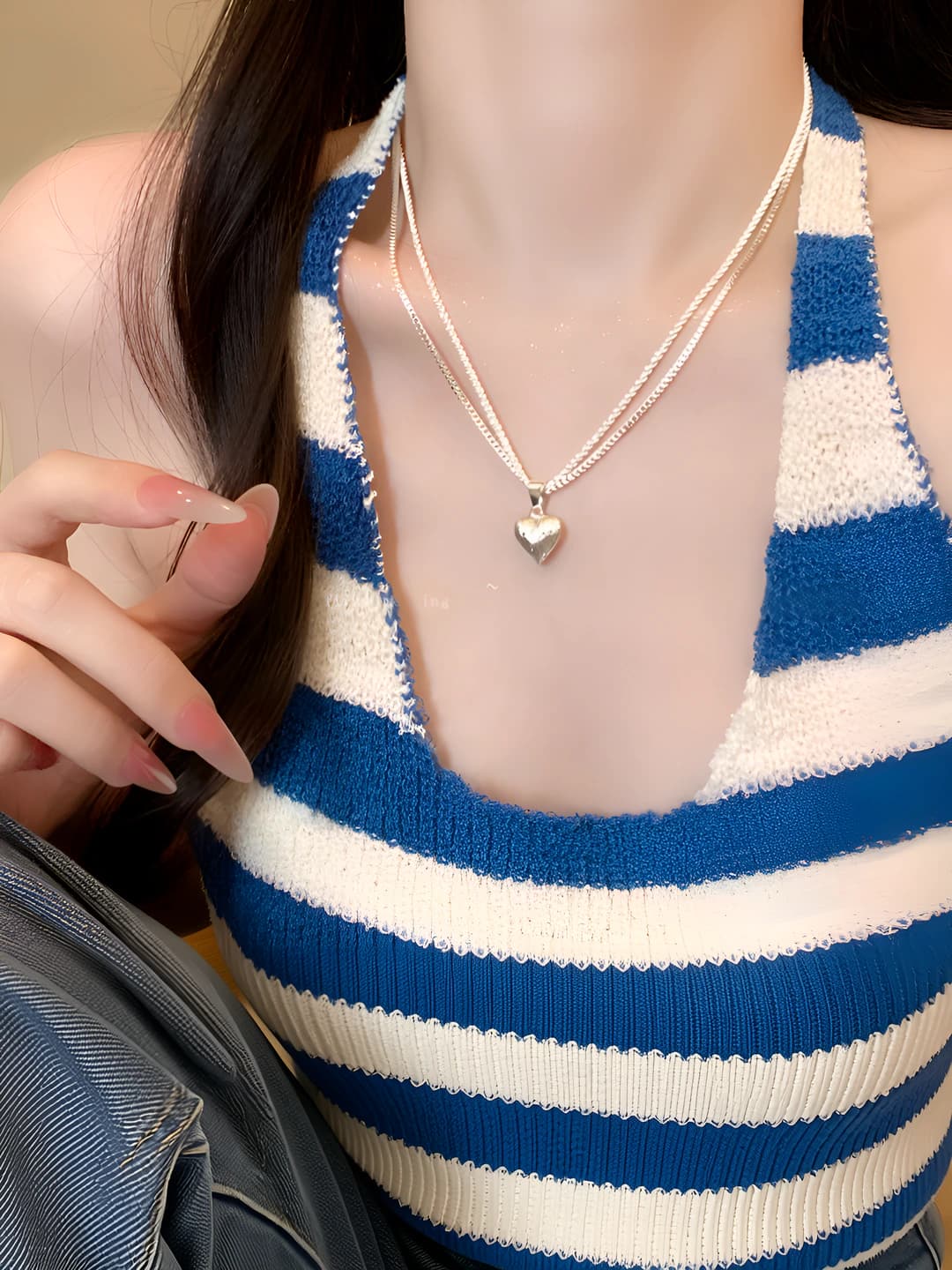Women's silver double-layer heart pendant necklace in Korean style