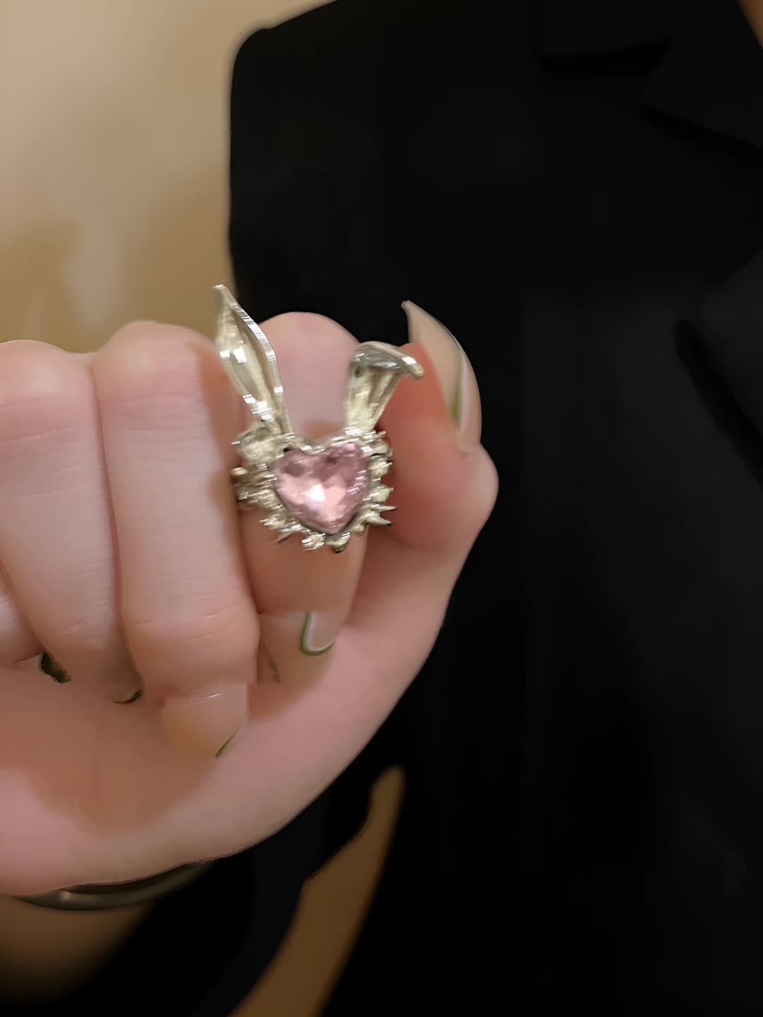 Open ring with heart and rabbit for women, zinc alloy, Korean style, design element: animals