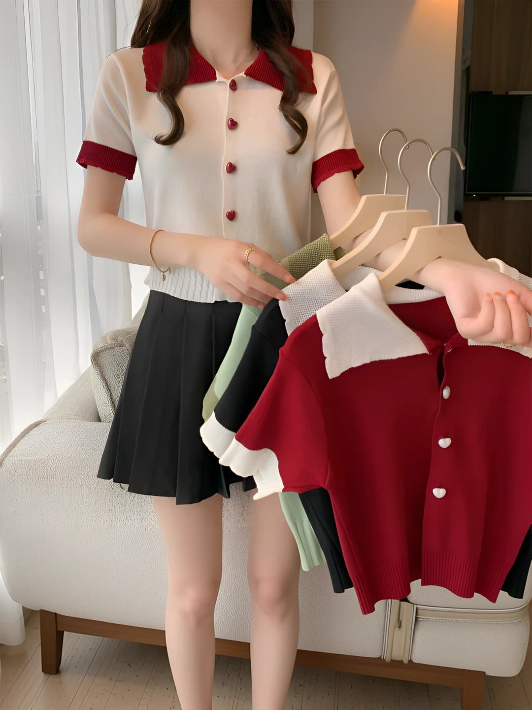Women's short sleeve knit cardigan, high waist, lapel collar, slim fit, solid colour, summer 2026