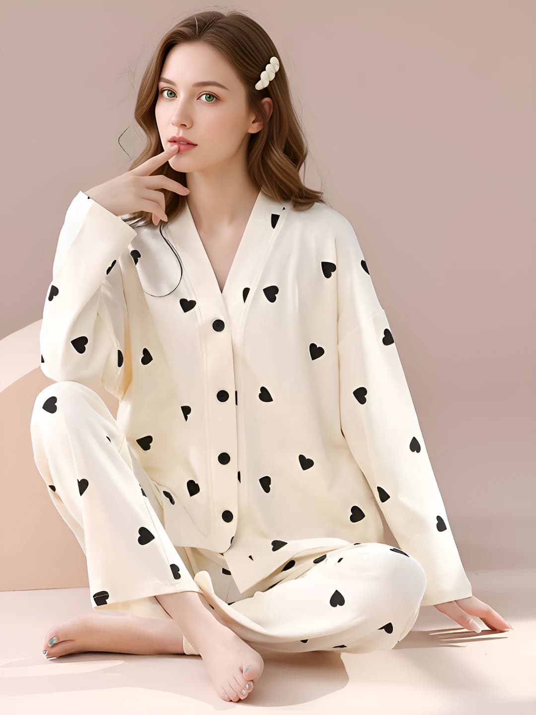 Women's long-sleeve top and long pants pajama set in cardigan style, spring-summer 2026, loose fit plus size, V-neck, Korean style loungewear