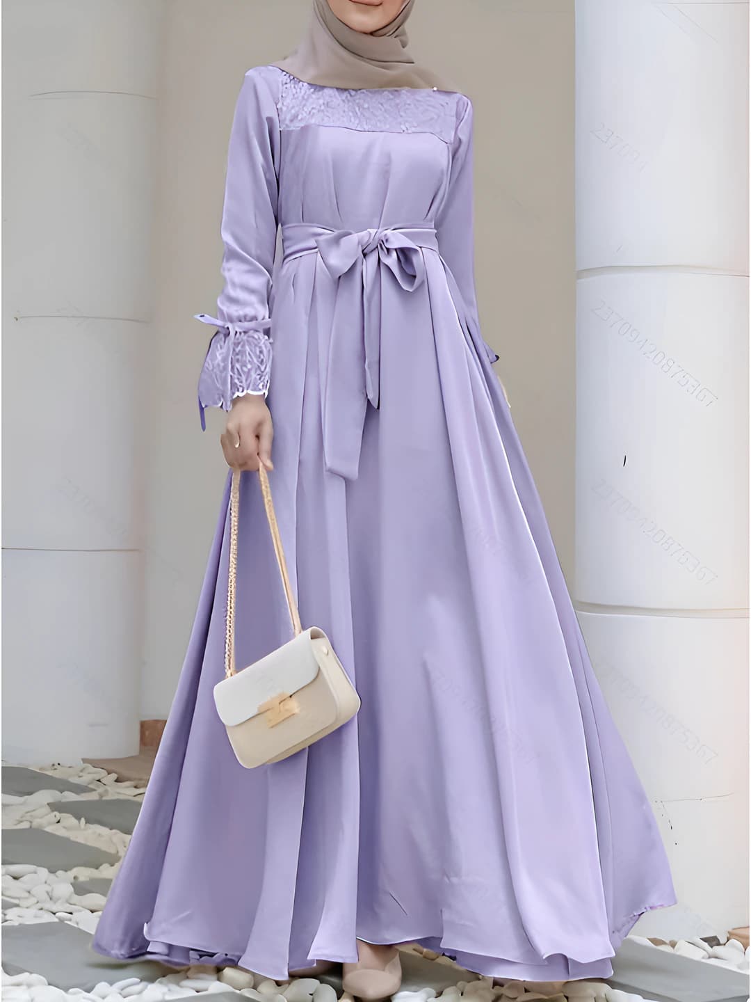 Women's abaya: solid colour loose fit dress with lace and long skirt