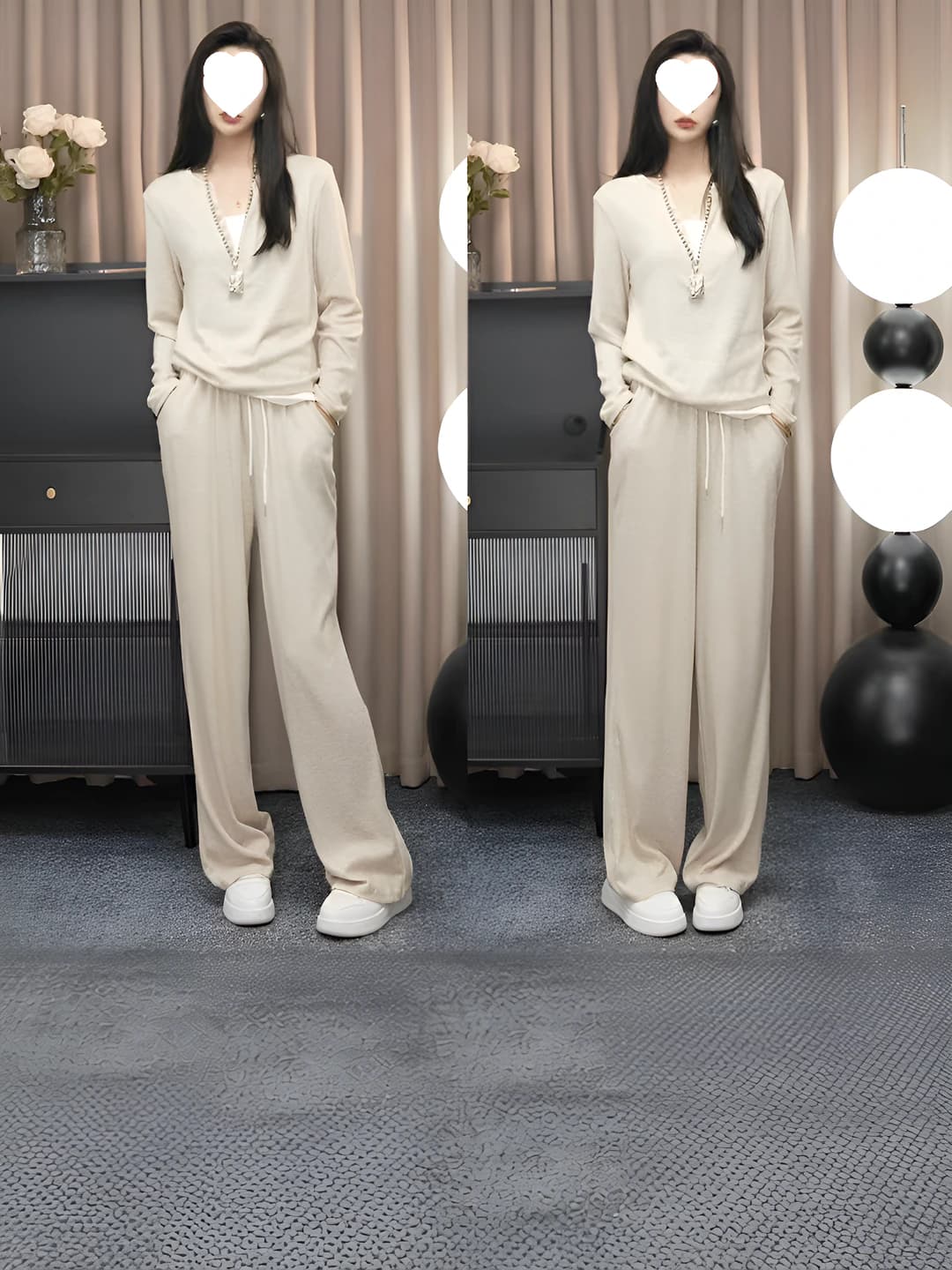 Ayollar uchun kundalik ikki qismli to'plam: uzun yengli ko'ylak va keng oyoqli shim, bo'sh (oversize) kesim, nozik ko'rsatadigan, bir rangli, polyester, bahor-kuz