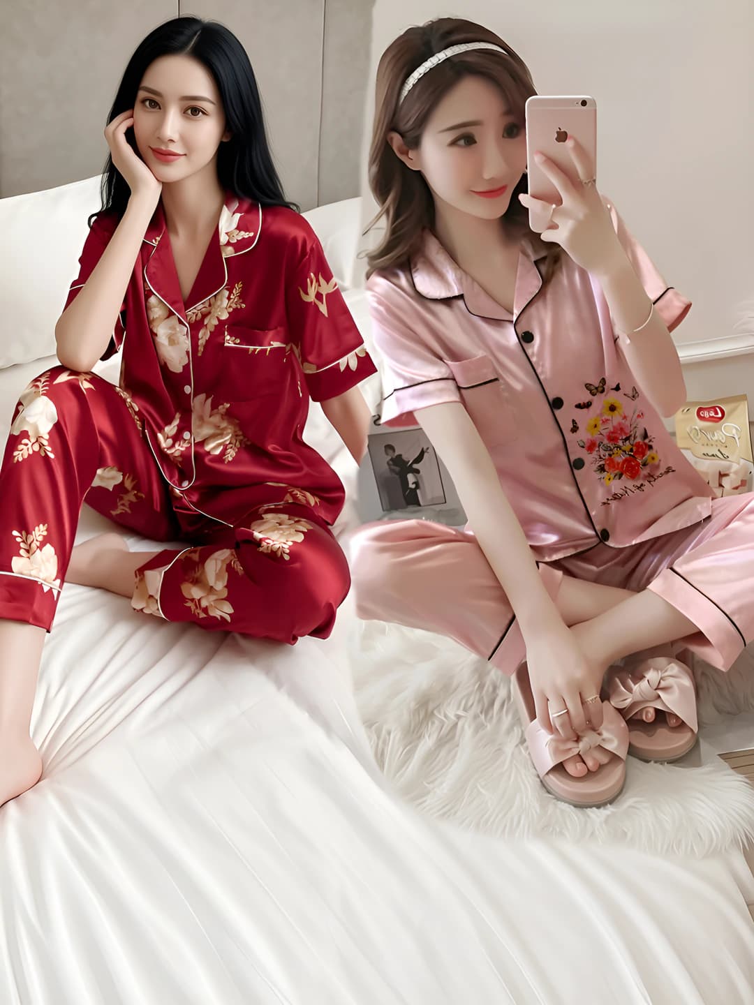 Ayollar uchun elastik bosma naqshli qaytarma yoqali uzun shimli pijama to'plami (M-7XL)