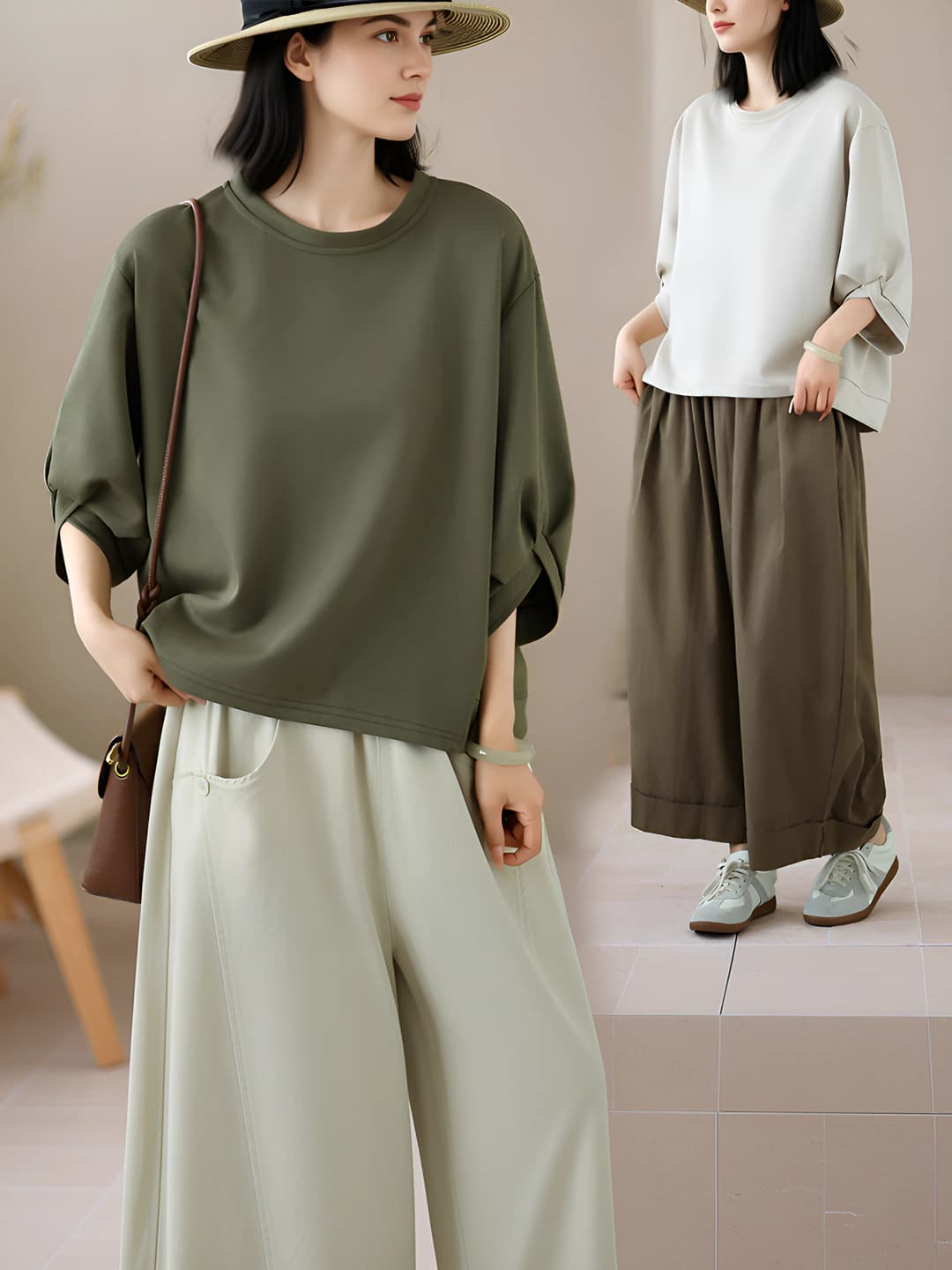 Women's summer crew neck t-shirt with tied sleeves, solid colour, plus size, elbow-length sleeve