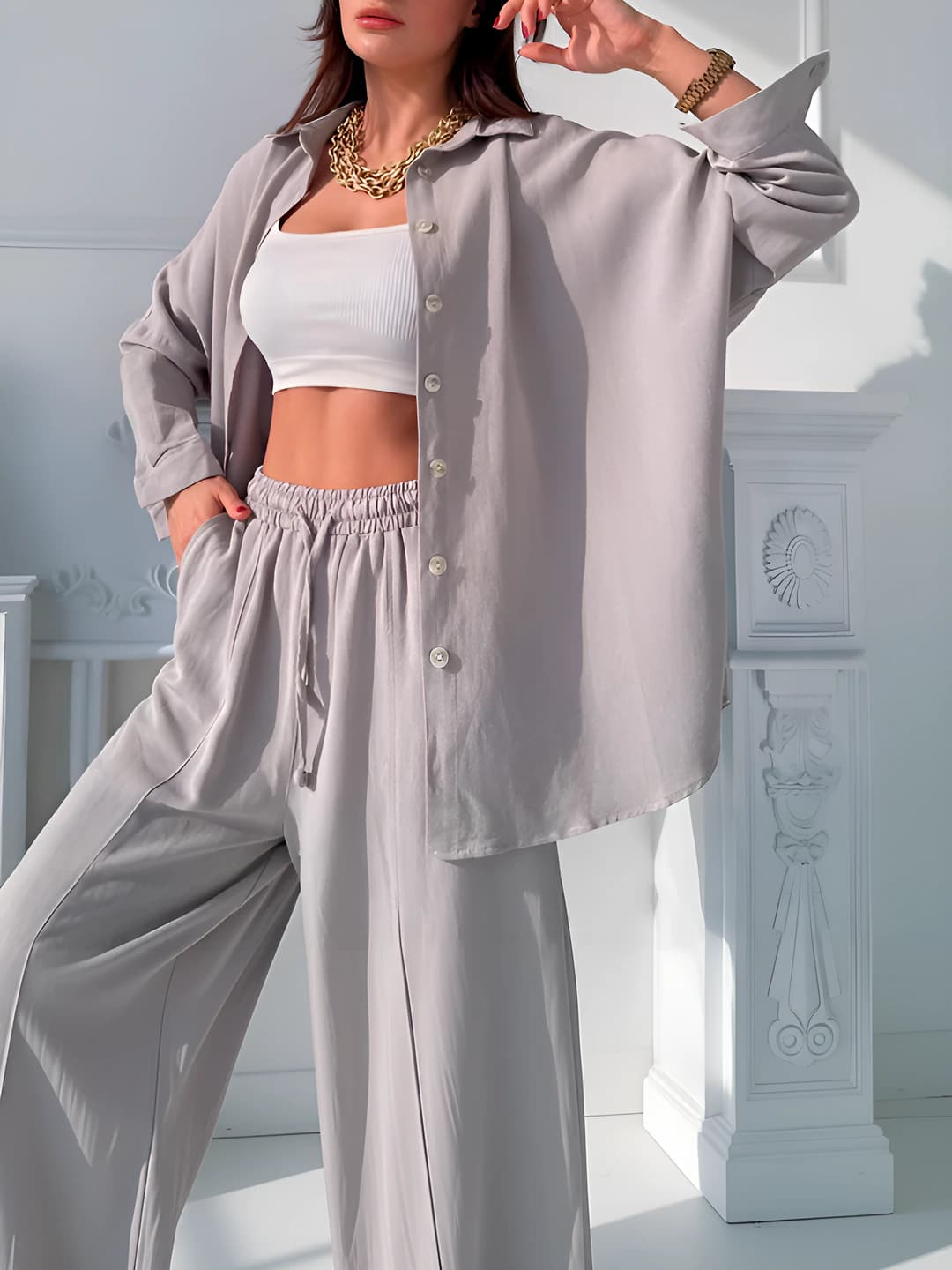 Women's spring-autumn casual set: solid colour long sleeve cardigan and trousers