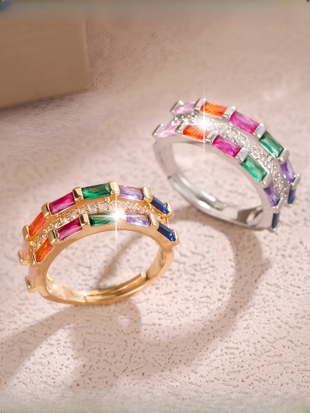 Women's open ring in copper and zircon with rainbow gradient and 18K gold plating