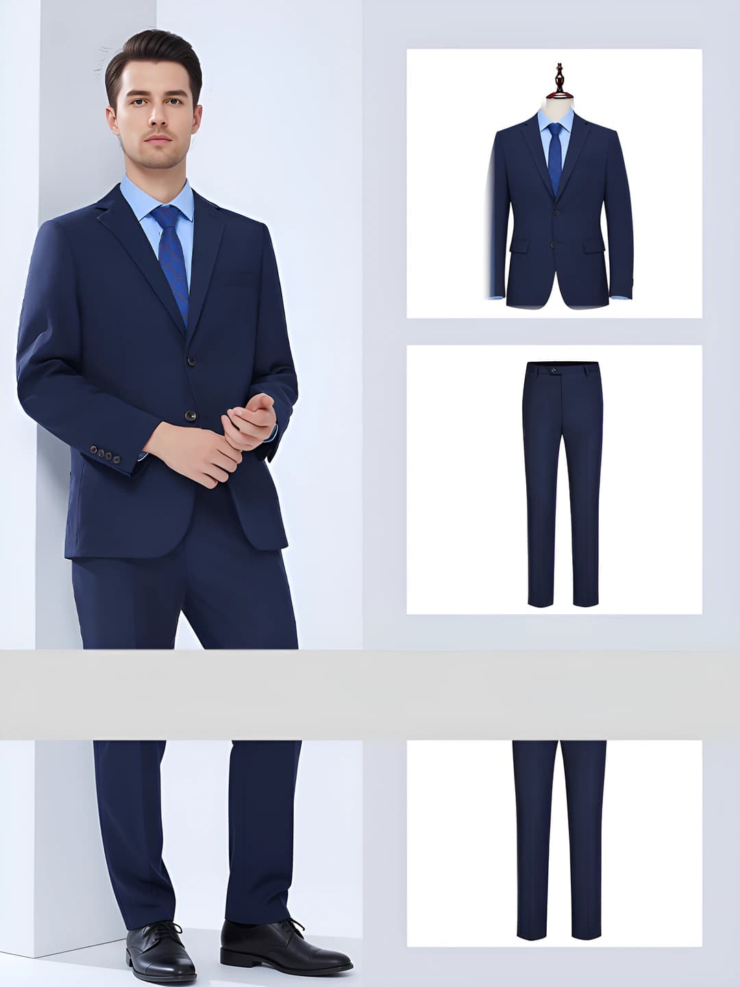 Navy suit + men's trousers + shirt
