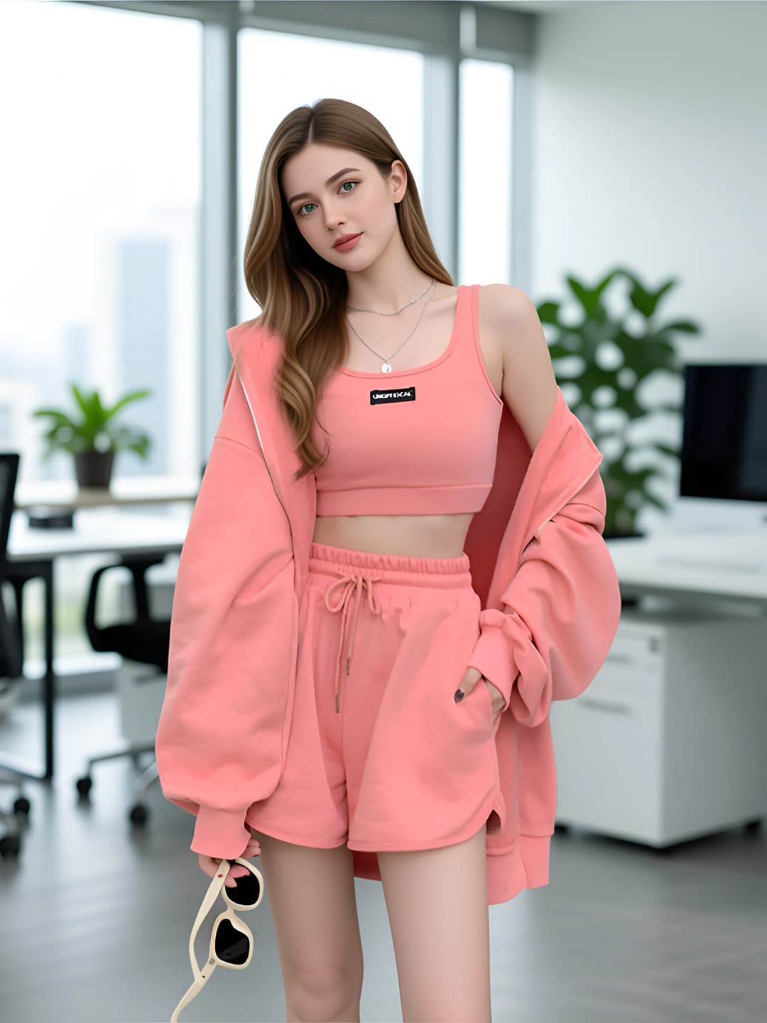 Women's sports casual set: sweatshirt, shorts and tank top, spring-autumn