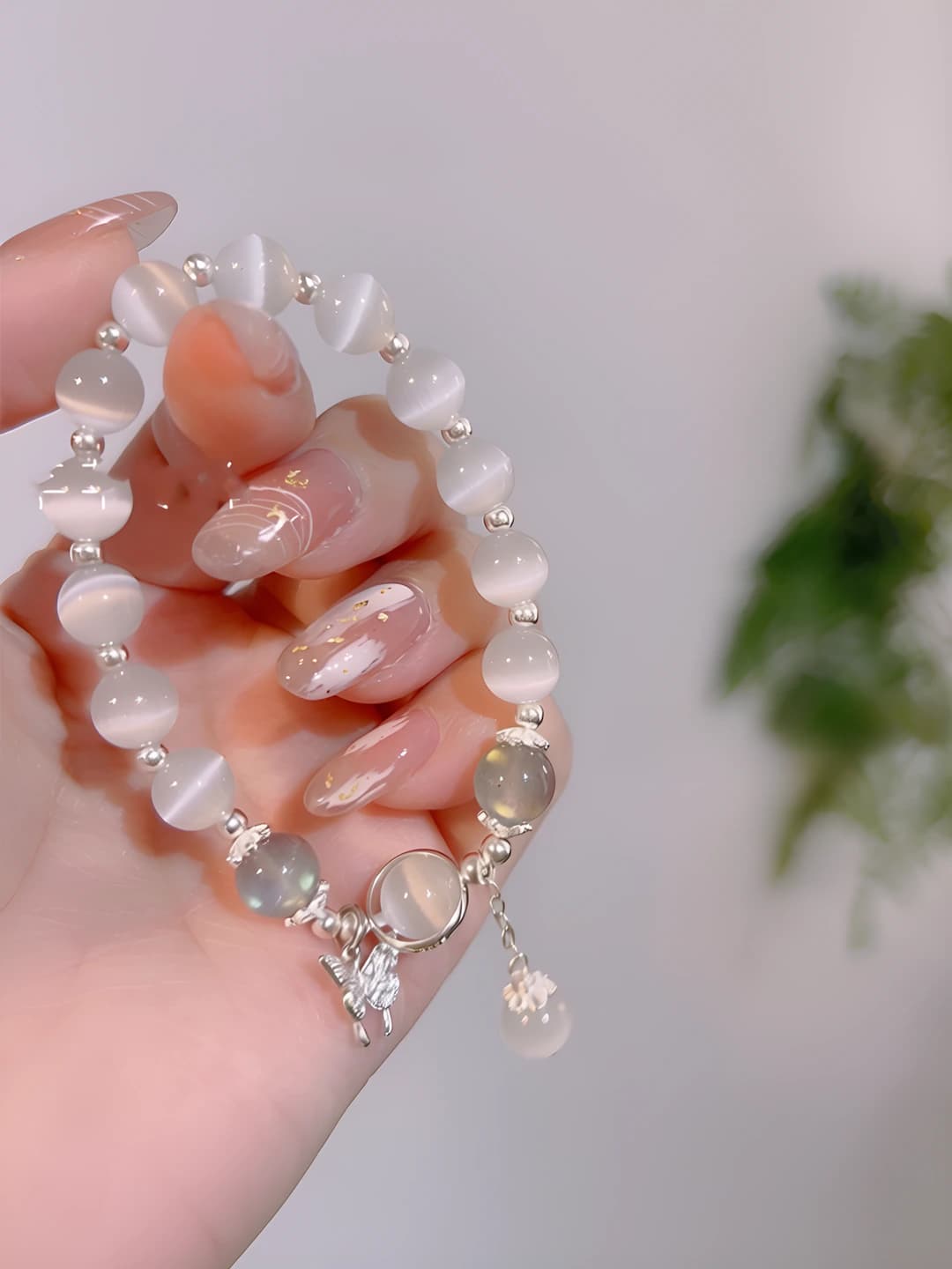 Women's glass and fused glass bracelet with crystal edges, grey moonstone, butterfly shape, electroplated, individual style, gift for students