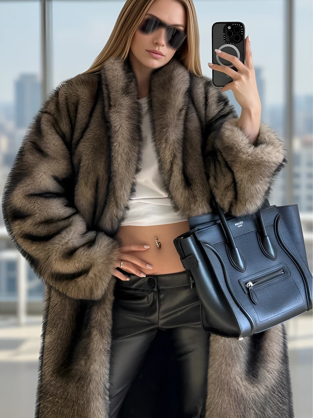 Women's faux fur coat for autumn-winter 2026, long sleeve, long length, shawl collar