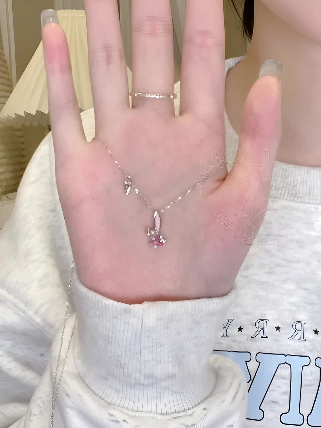 Women's pink crystal necklace with carrot and rabbit design, for sweet girls